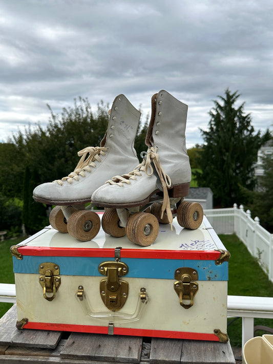 Vintage White Leather Roller Skates with Wooden Wheels Vintage Red, White & Blue Metal Skate Case with Skates Metal Suitcase | Size 7 Women