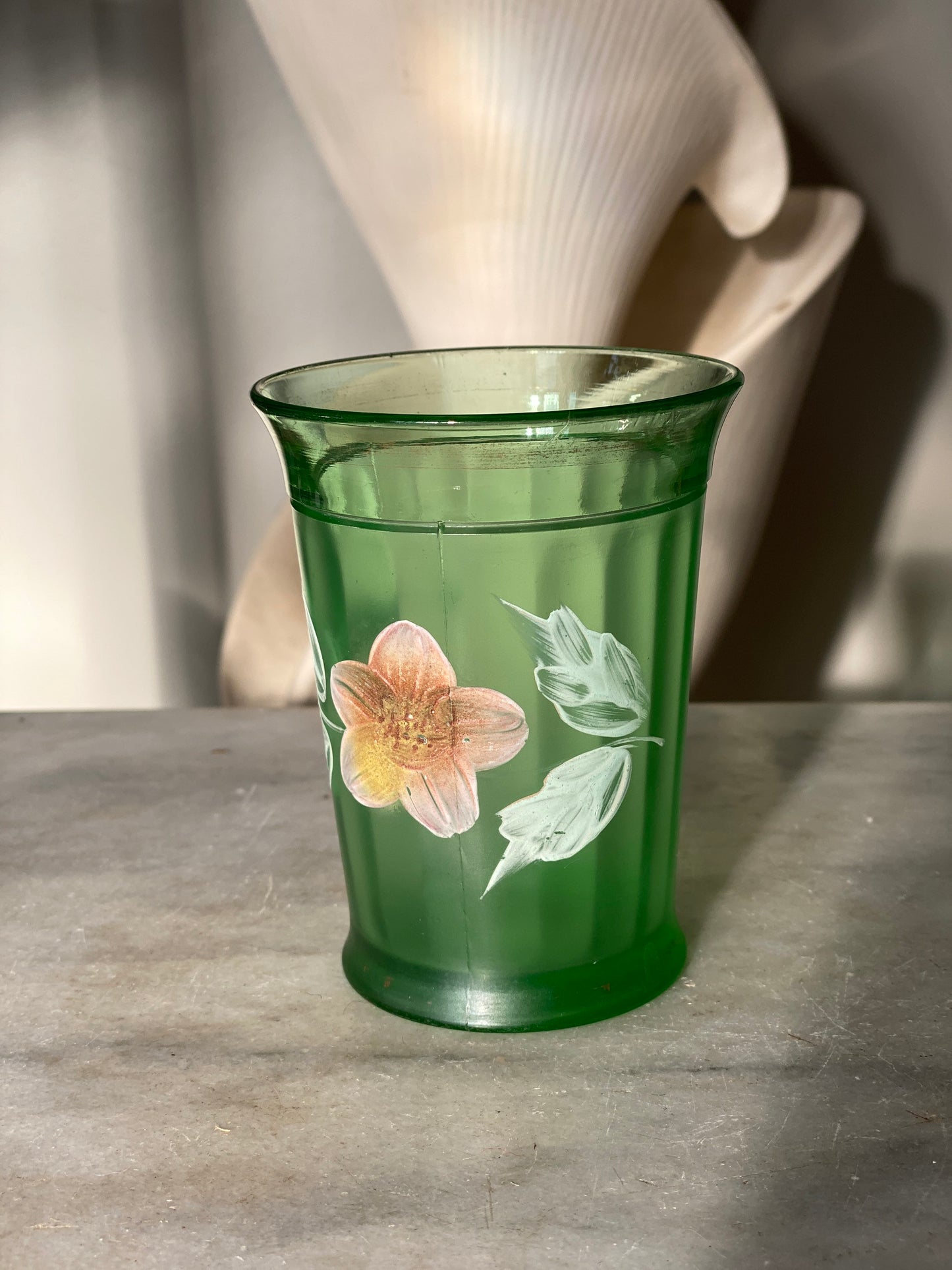 Antique Victorian Green Panel Glass Tumblers, Enameled Flowers, Made in USA, 1800’s, Northwood