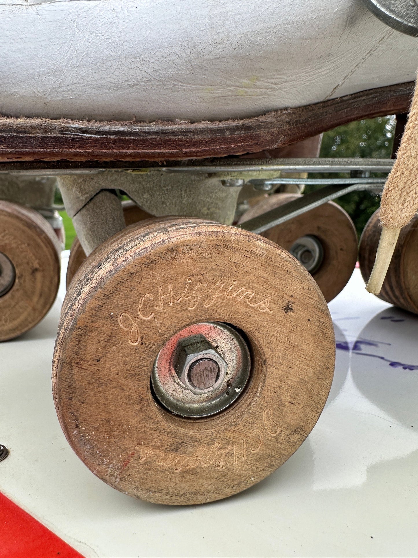 Vintage White Leather Roller Skates with Wooden Wheels Vintage Red, White & Blue Metal Skate Case with Skates Metal Suitcase | Size 7 Women