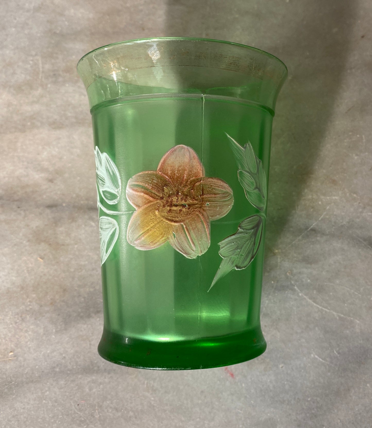 Antique Victorian Green Panel Glass Tumblers, Enameled Flowers, Made in USA, 1800’s, Northwood