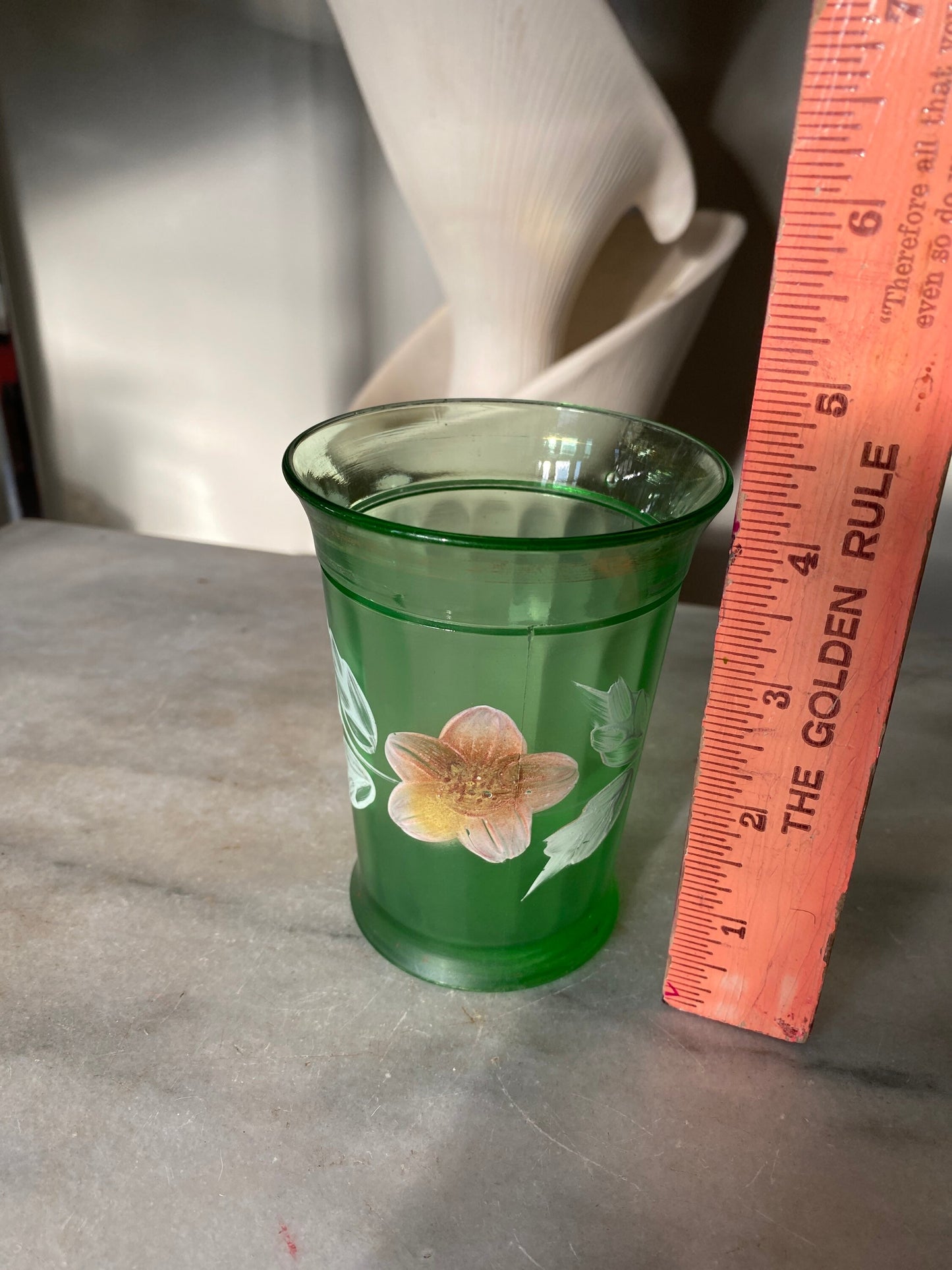 Antique Victorian Green Panel Glass Tumblers, Enameled Flowers, Made in USA, 1800’s, Northwood