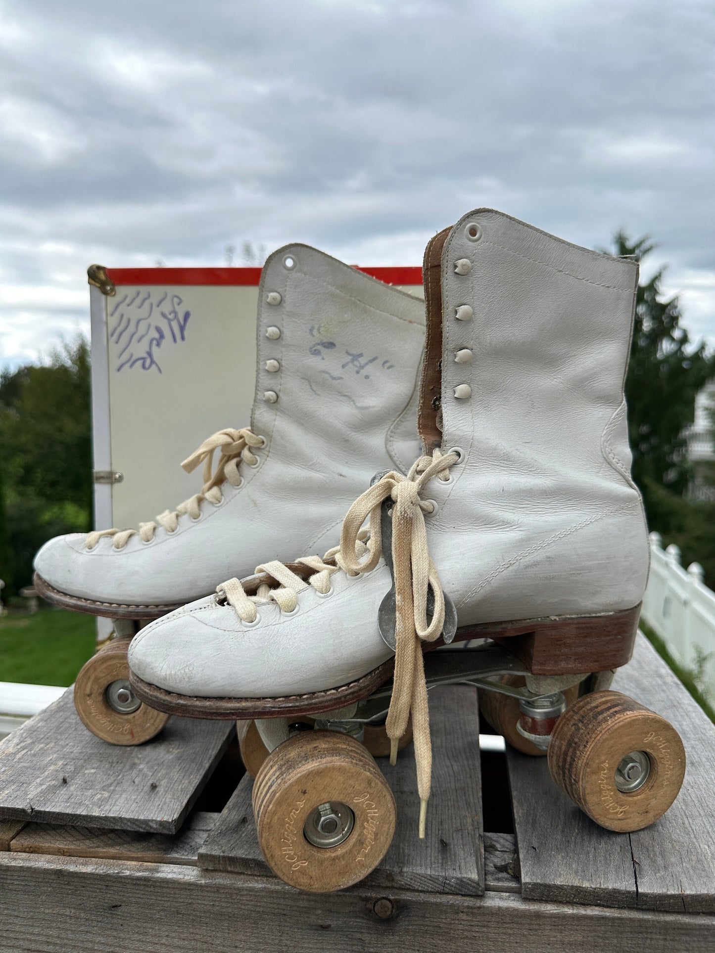 Vintage White Leather Roller Skates with Wooden Wheels Vintage Red, White & Blue Metal Skate Case with Skates Metal Suitcase | Size 7 Women
