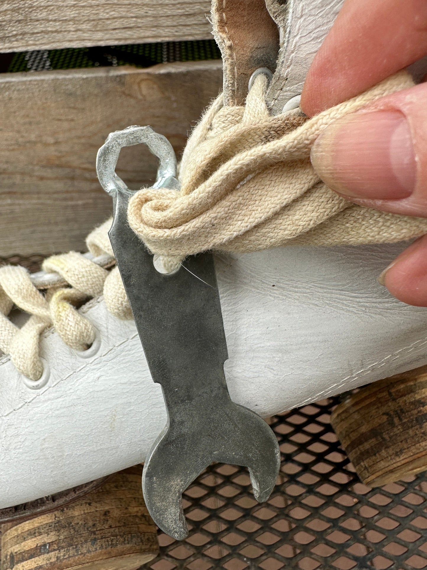 Vintage White Leather Roller Skates with Wooden Wheels Vintage Red, White & Blue Metal Skate Case with Skates Metal Suitcase | Size 7 Women