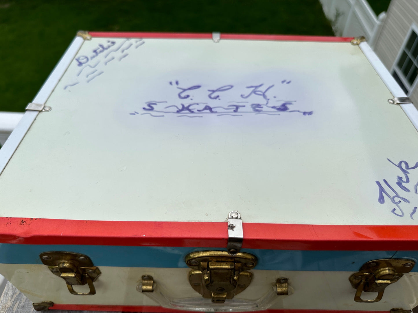 Vintage White Leather Roller Skates with Wooden Wheels Vintage Red, White & Blue Metal Skate Case with Skates Metal Suitcase | Size 7 Women