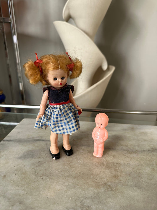 Vintage 1950’s Duchess Doll Corp.Doll w Pigtails and Vintage | Vintage Vintage Molded Celluloid Pink Baby Girl Doll Best USA Black Eyes Red