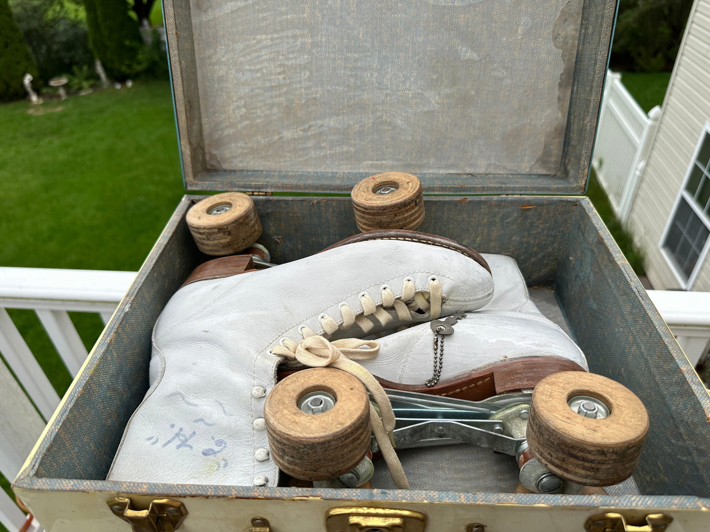 Vintage White Leather Roller Skates with Wooden Wheels Vintage Red, White & Blue Metal Skate Case with Skates Metal Suitcase | Size 7 Women