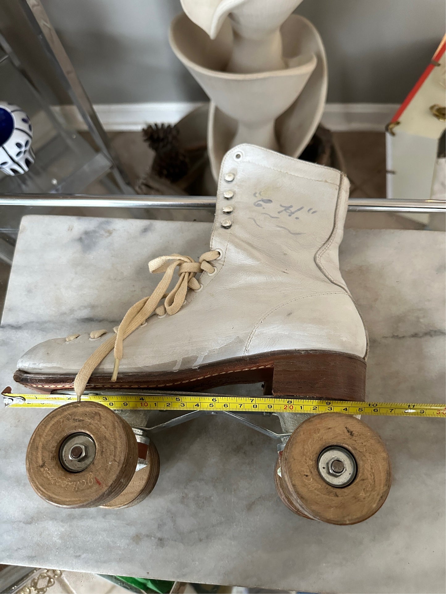 Vintage White Leather Roller Skates with Wooden Wheels Vintage Red, White & Blue Metal Skate Case with Skates Metal Suitcase | Size 7 Women
