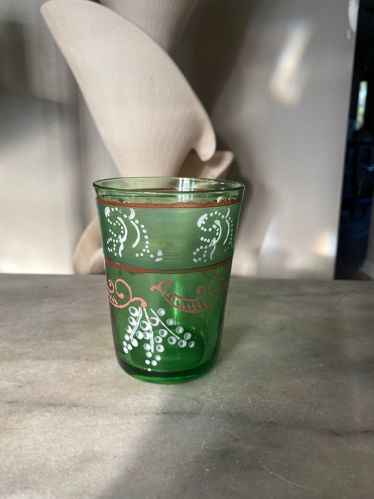 Antique Victorian Green Paneled Hand Painted Enamel Glass Tumbler