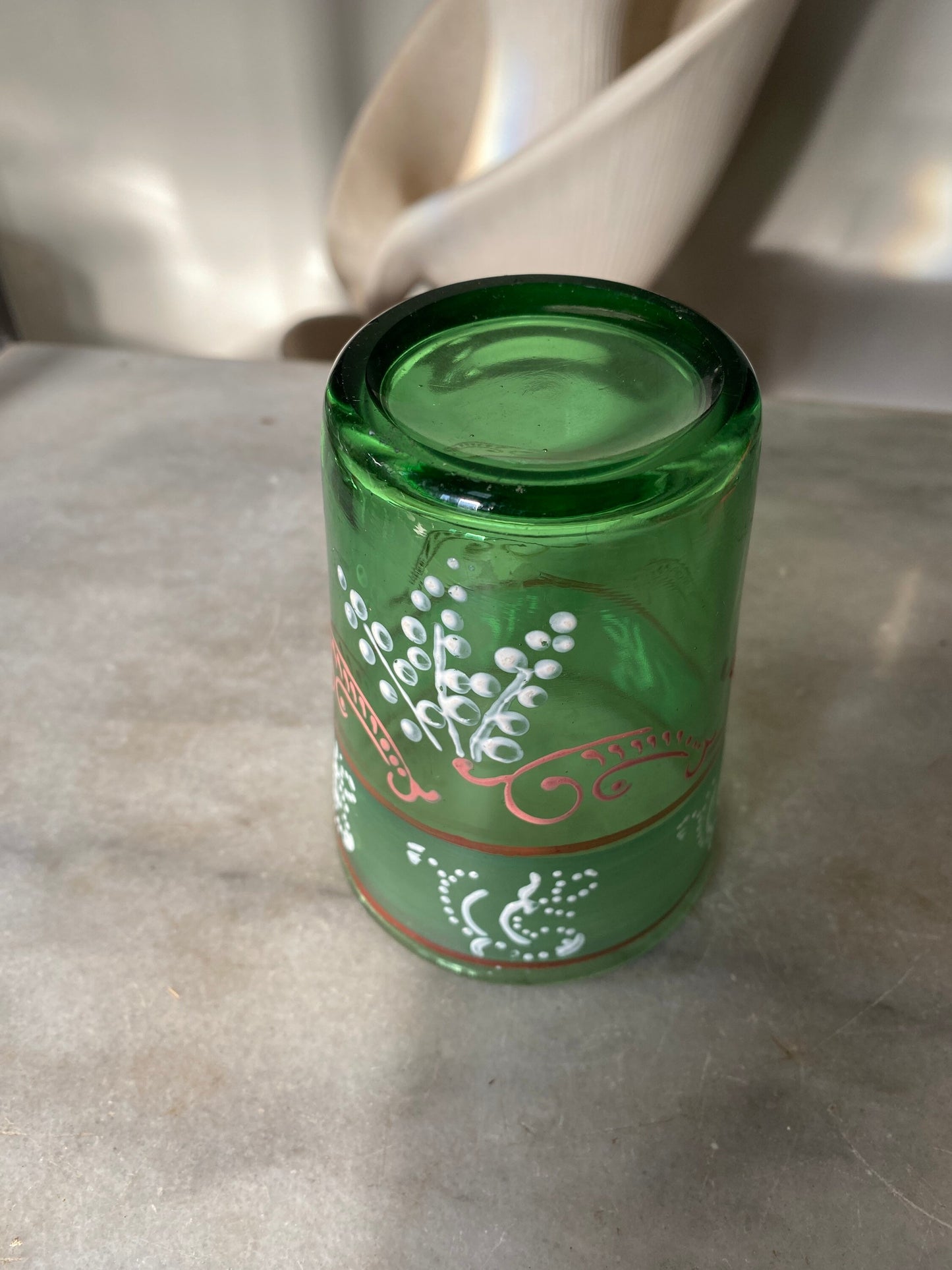 Antique Victorian Green Paneled Hand Painted Enamel Glass Tumbler