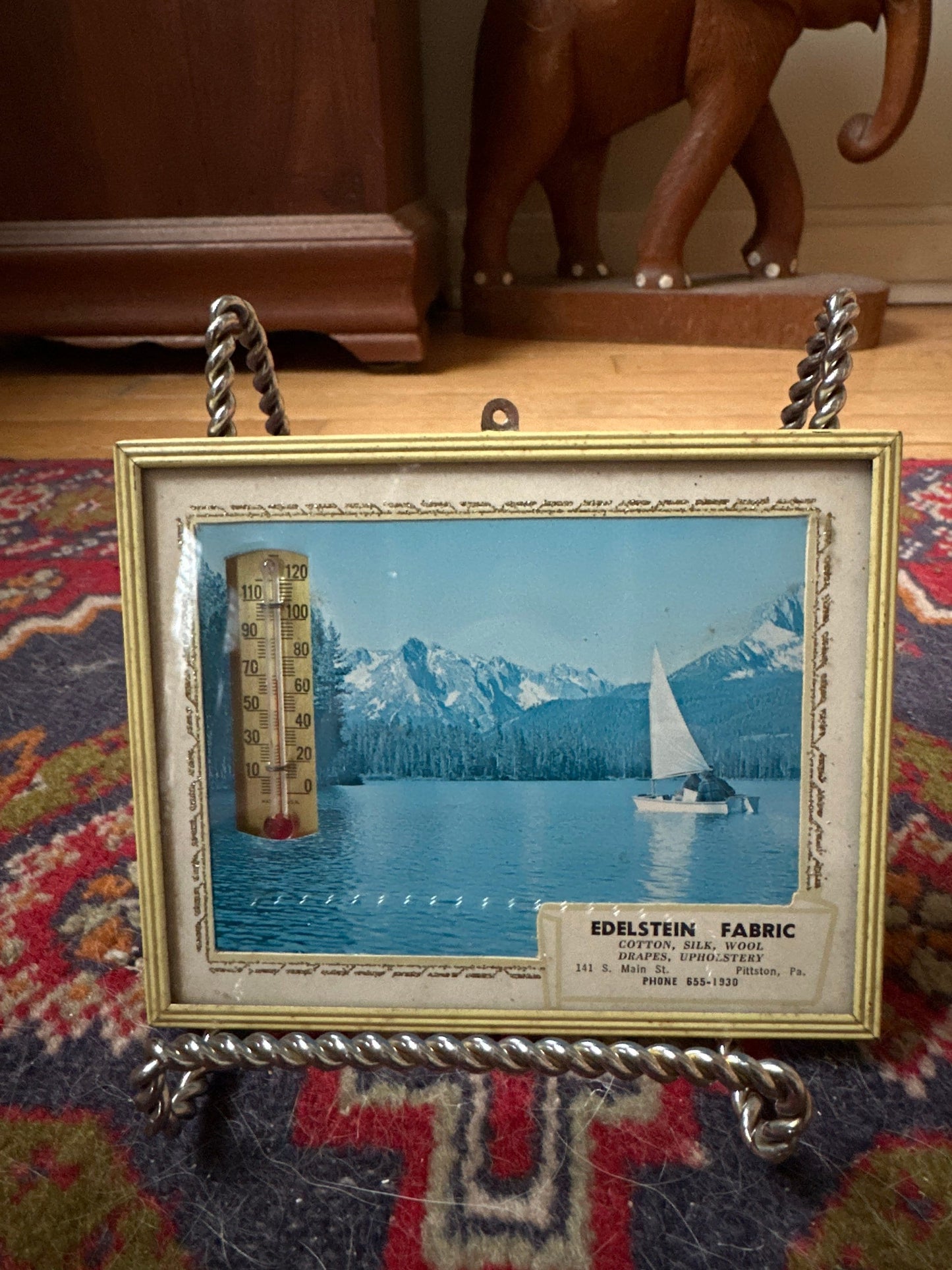Vintage framed wall thermometer vintage advertising temperature thermometer | Mountain Boat and Lake Scene | Pittston, PA