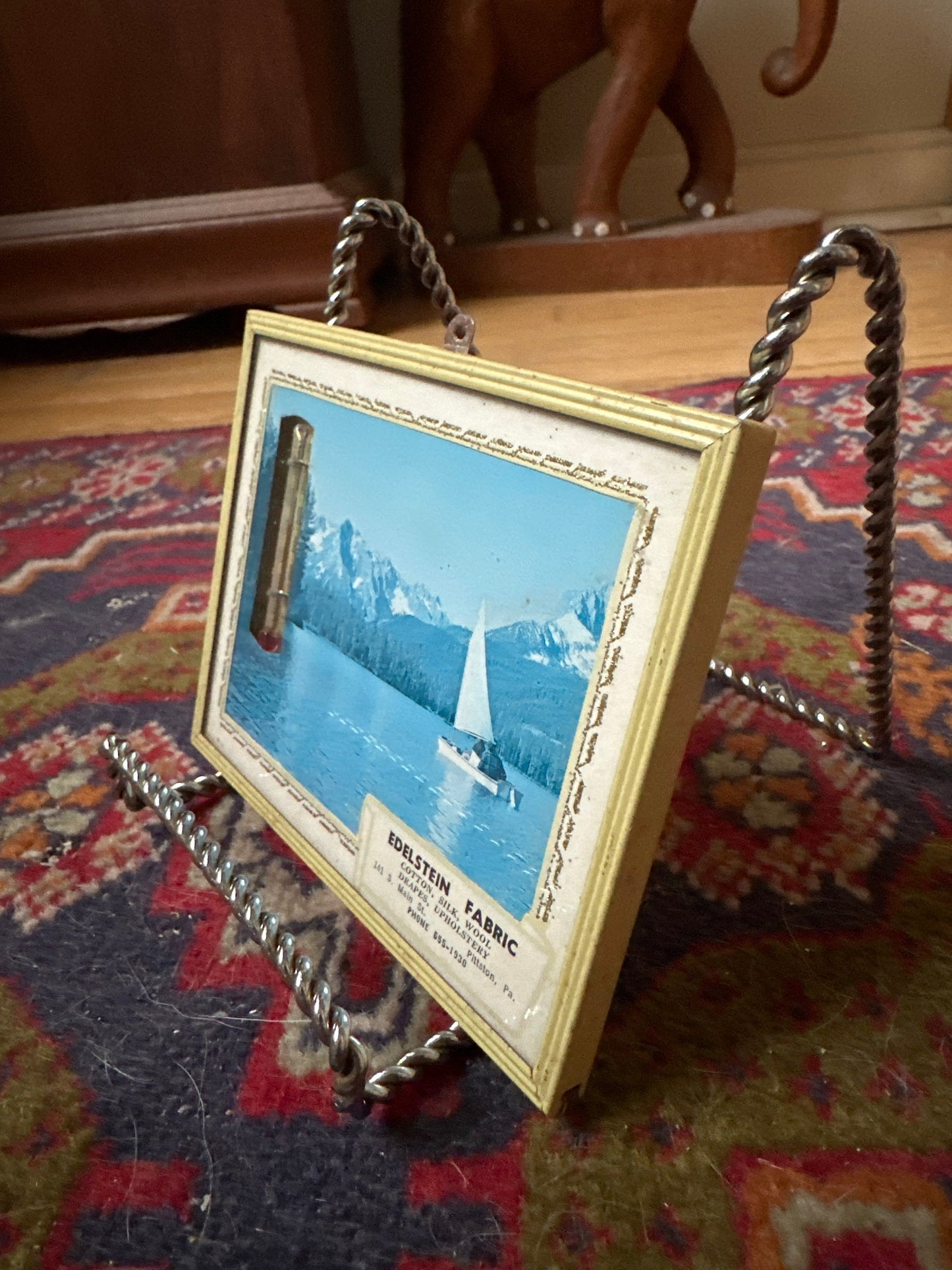 Vintage framed wall thermometer vintage advertising temperature thermometer | Mountain Boat and Lake Scene | Pittston, PA