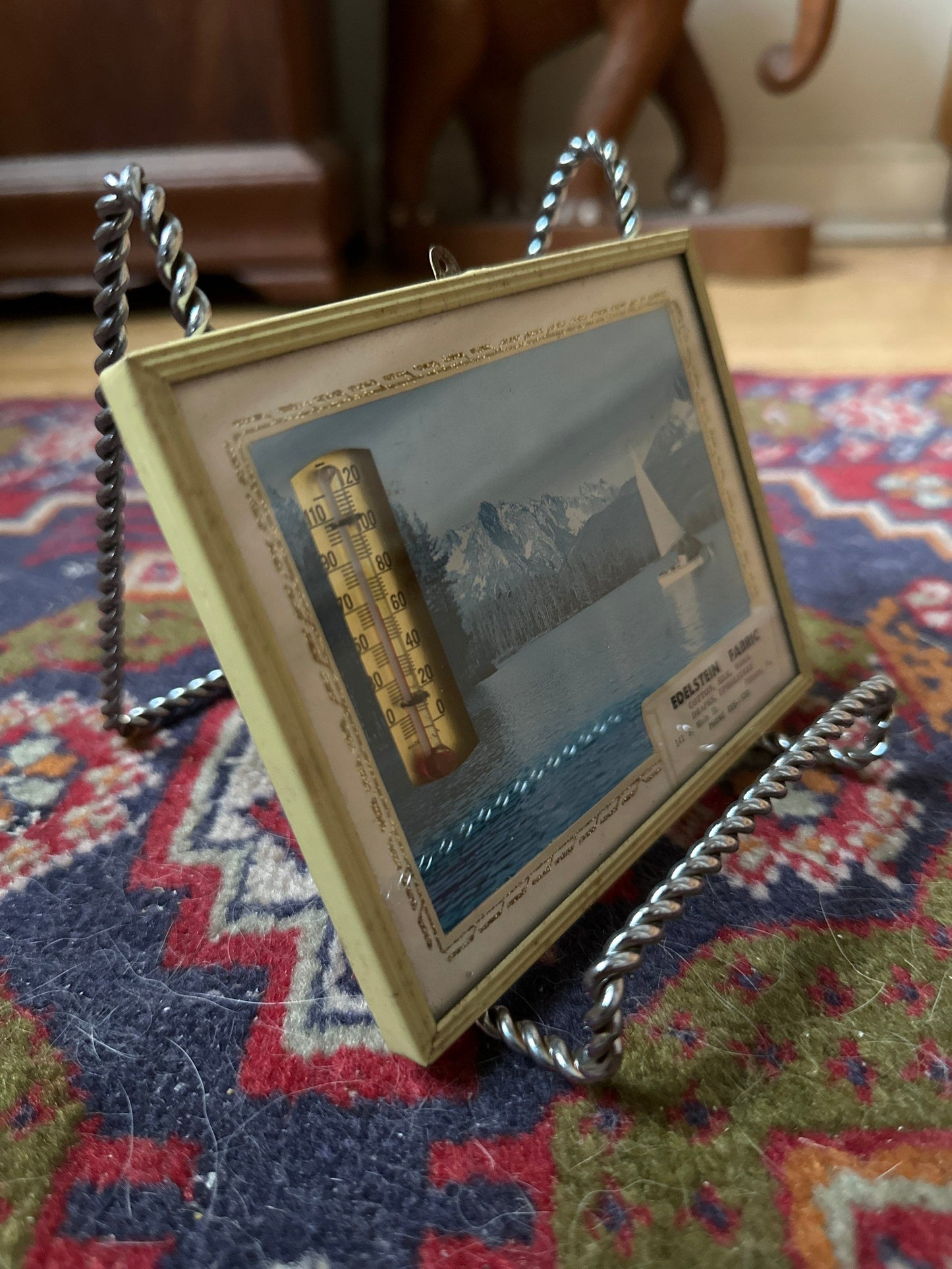 Vintage framed wall thermometer vintage advertising temperature thermometer | Mountain Boat and Lake Scene | Pittston, PA