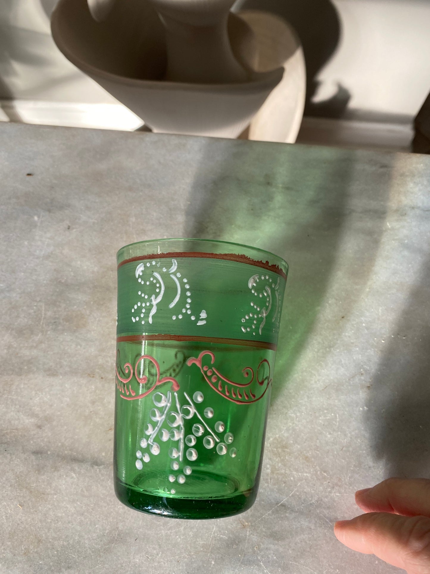 Antique Victorian Green Paneled Hand Painted Enamel Glass Tumbler