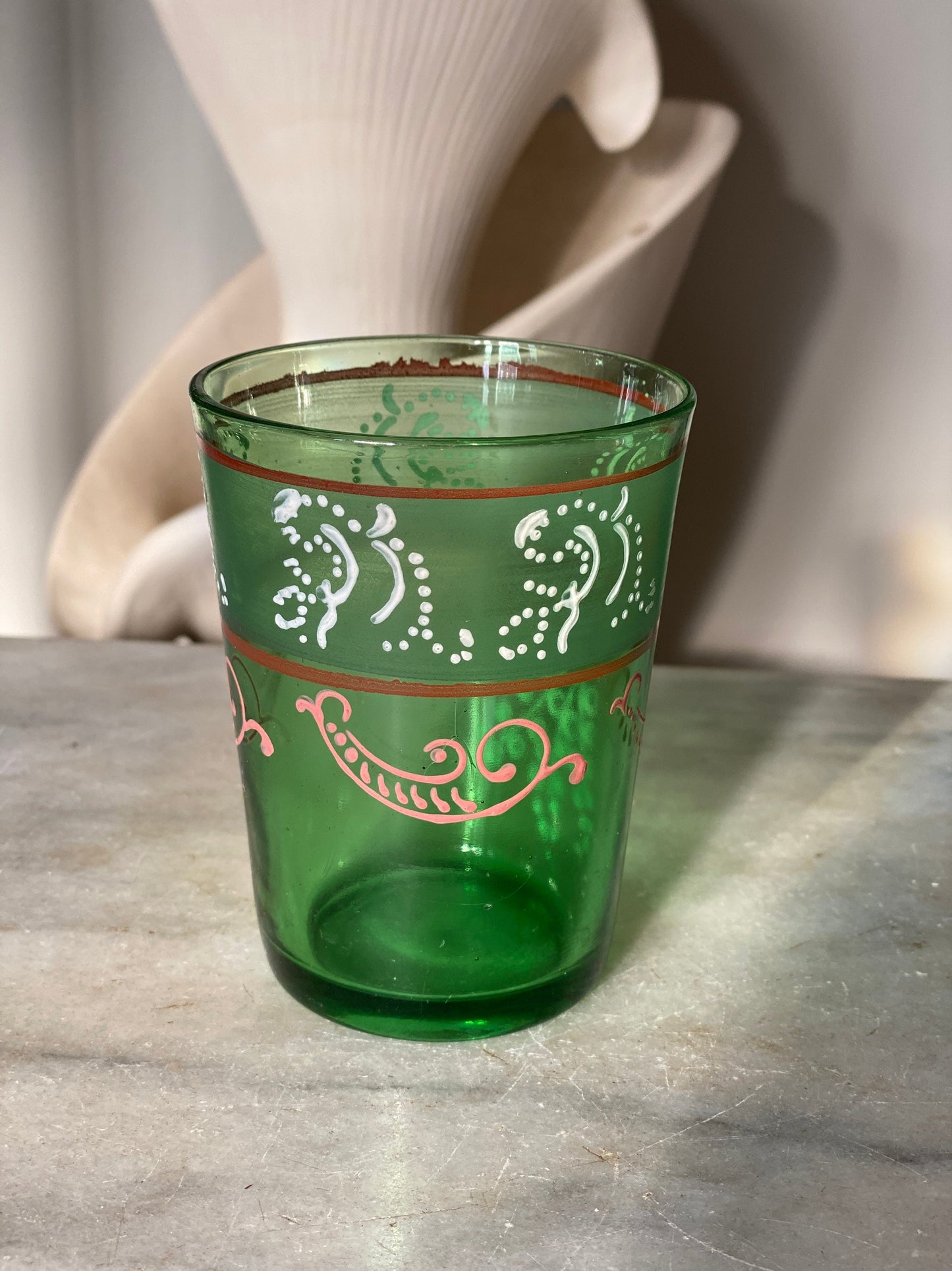 Antique Victorian Green Paneled Hand Painted Enamel Glass Tumbler
