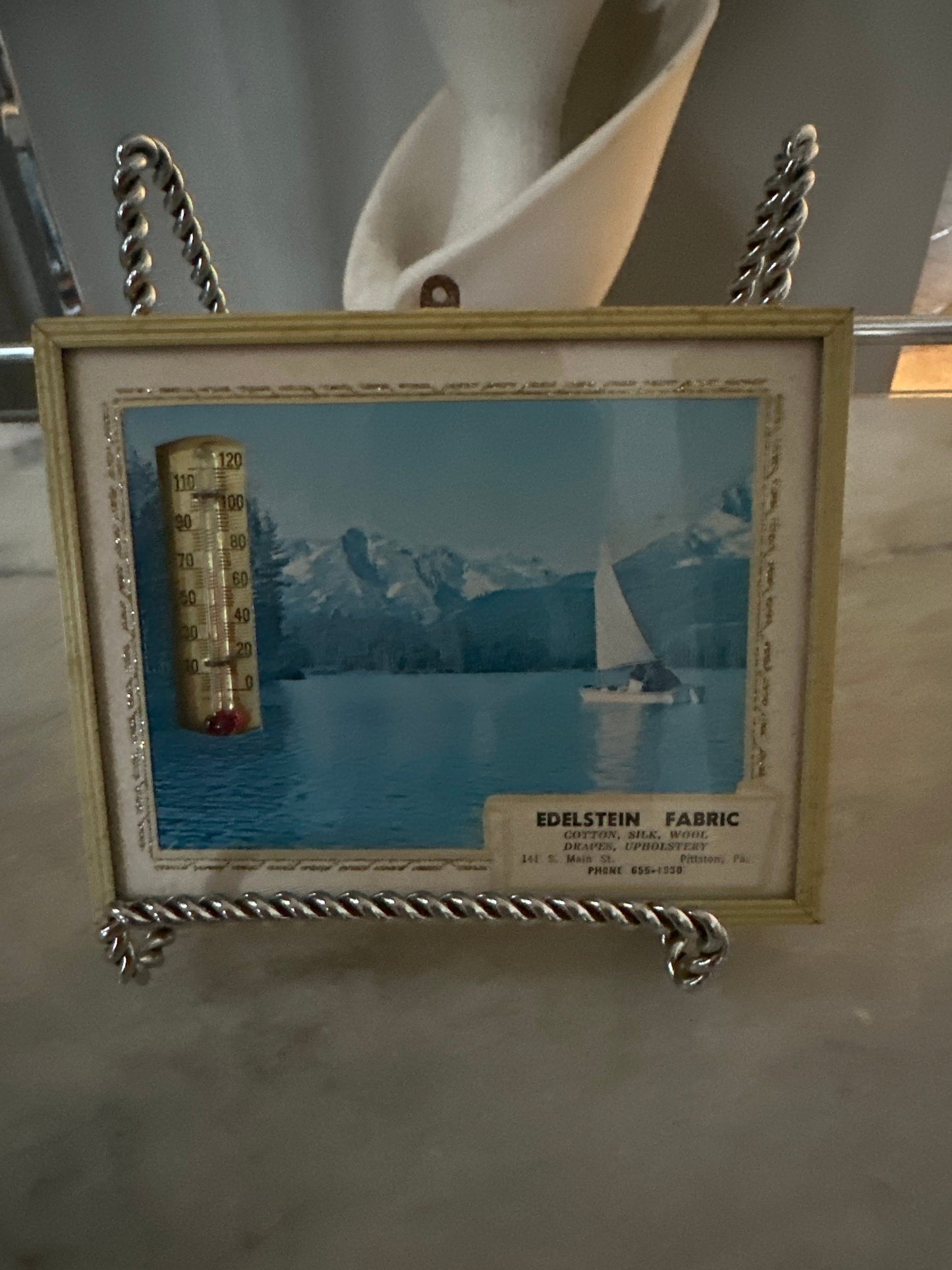 Vintage framed wall thermometer vintage advertising temperature thermometer | Mountain Boat and Lake Scene | Pittston, PA