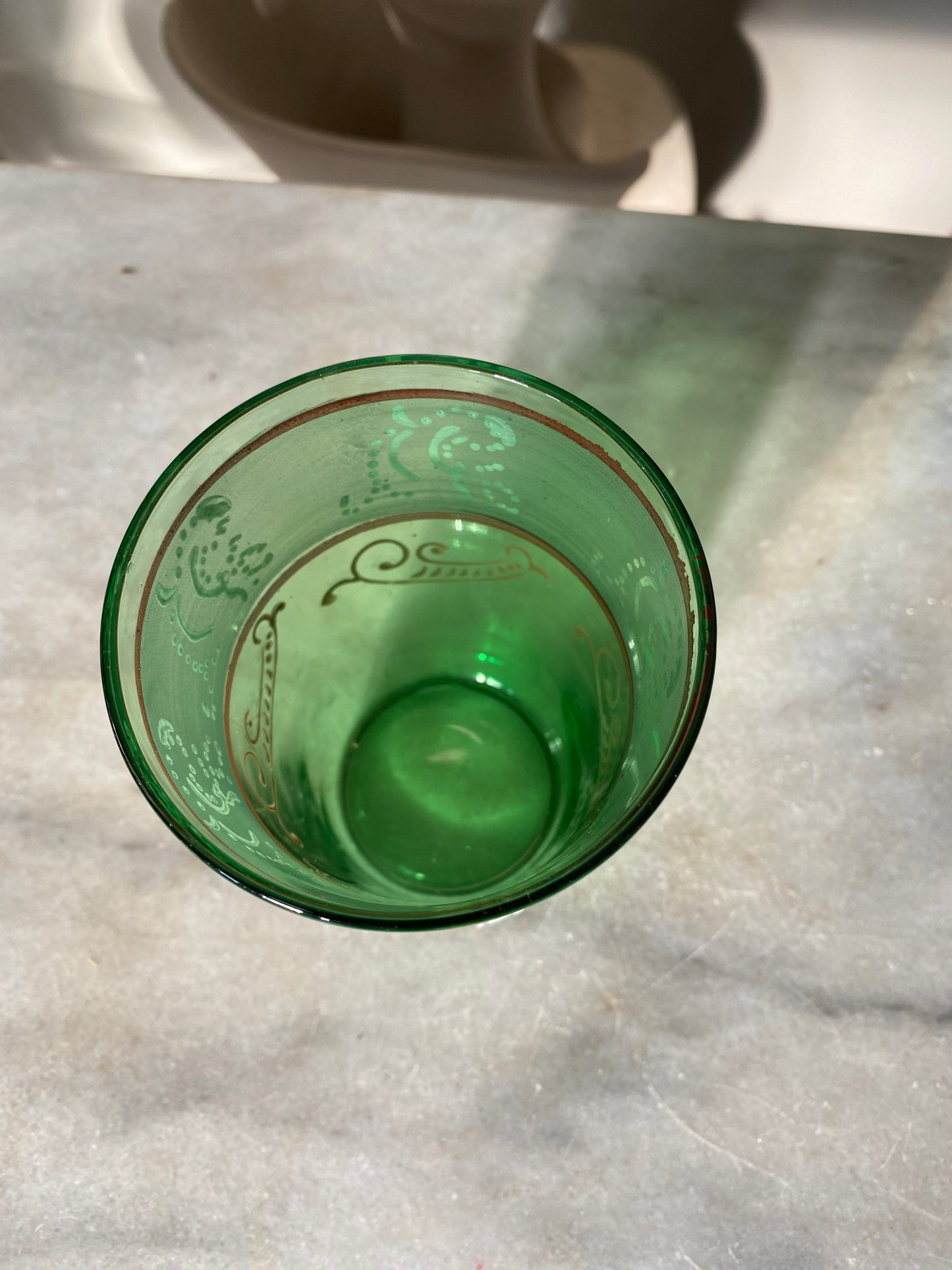 Antique Victorian Green Paneled Hand Painted Enamel Glass Tumbler