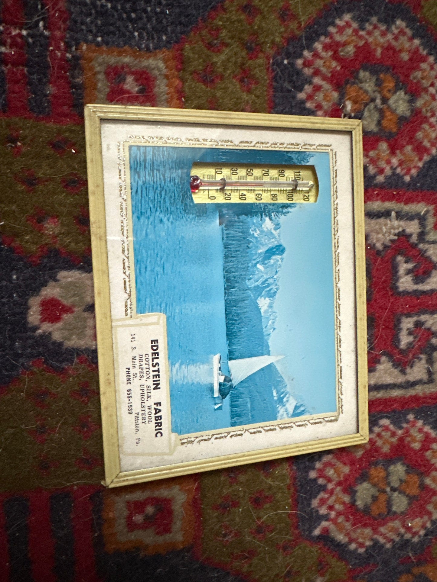 Vintage framed wall thermometer vintage advertising temperature thermometer | Mountain Boat and Lake Scene | Pittston, PA