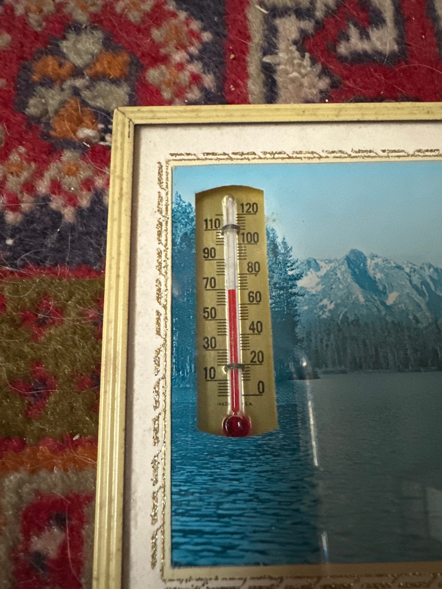 Vintage framed wall thermometer vintage advertising temperature thermometer | Mountain Boat and Lake Scene | Pittston, PA