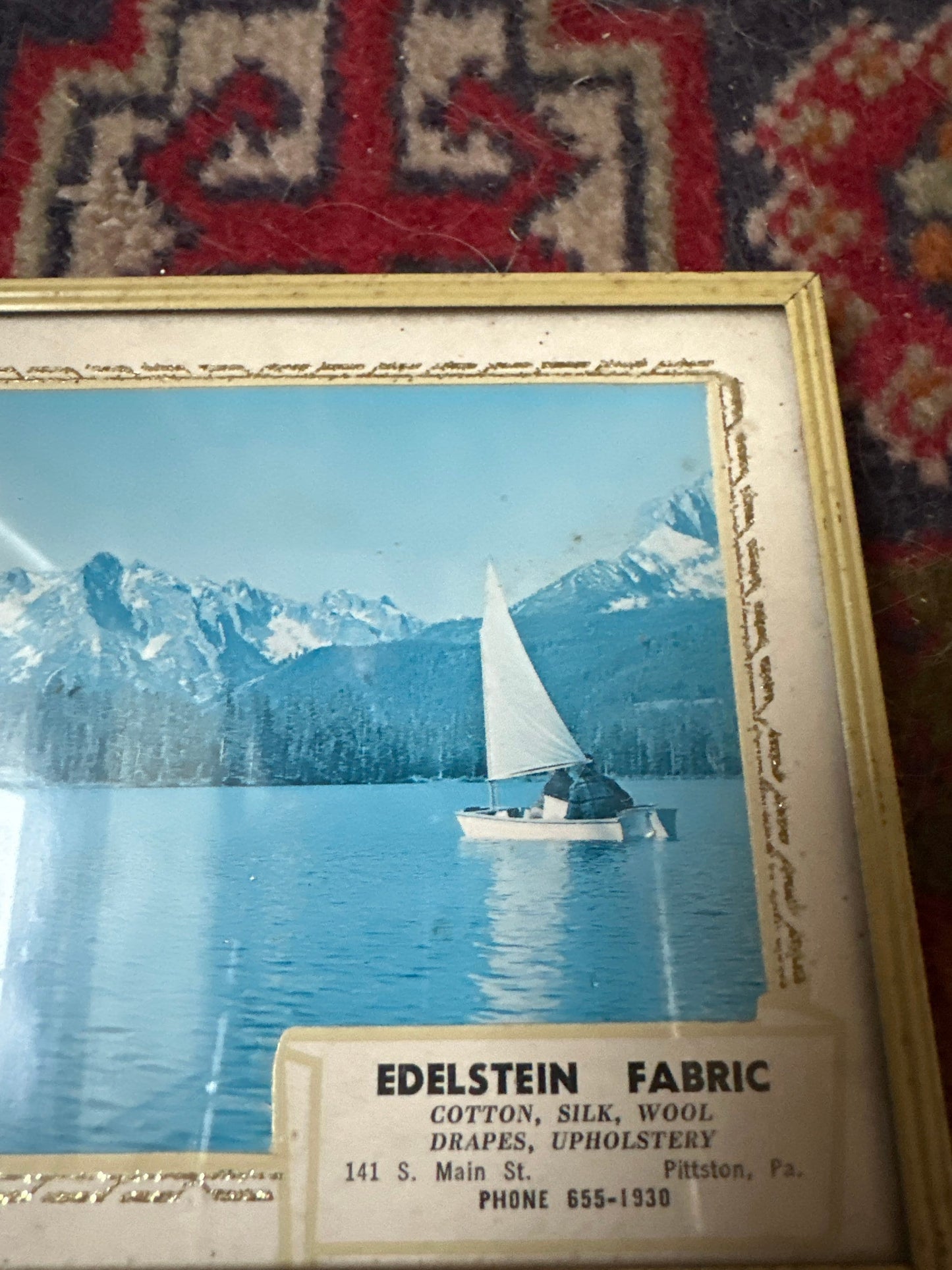 Vintage framed wall thermometer vintage advertising temperature thermometer | Mountain Boat and Lake Scene | Pittston, PA