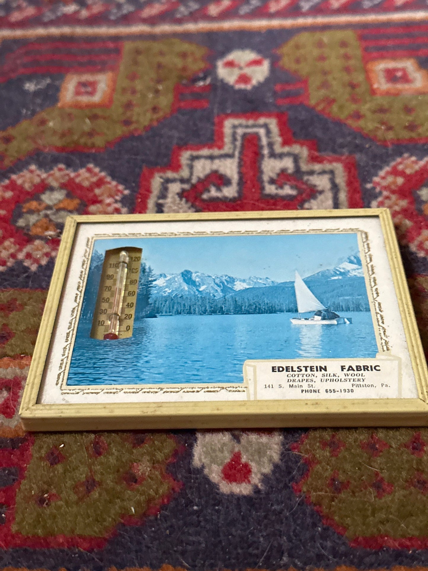 Vintage framed wall thermometer vintage advertising temperature thermometer | Mountain Boat and Lake Scene | Pittston, PA