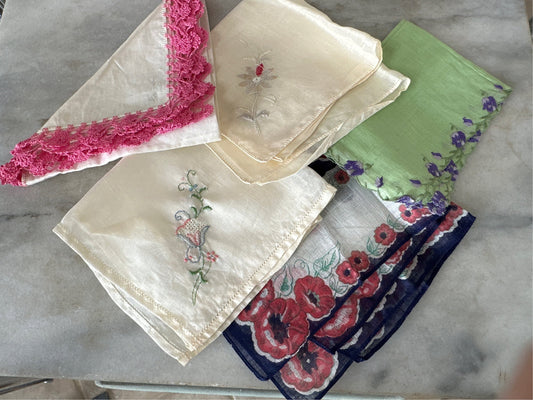 5 Vintage Shabby Chic Floral Embroidered and Crocheted Hankies - Greens, White, Ivory, Flower Hankies | Granny Chic Hankies Lot