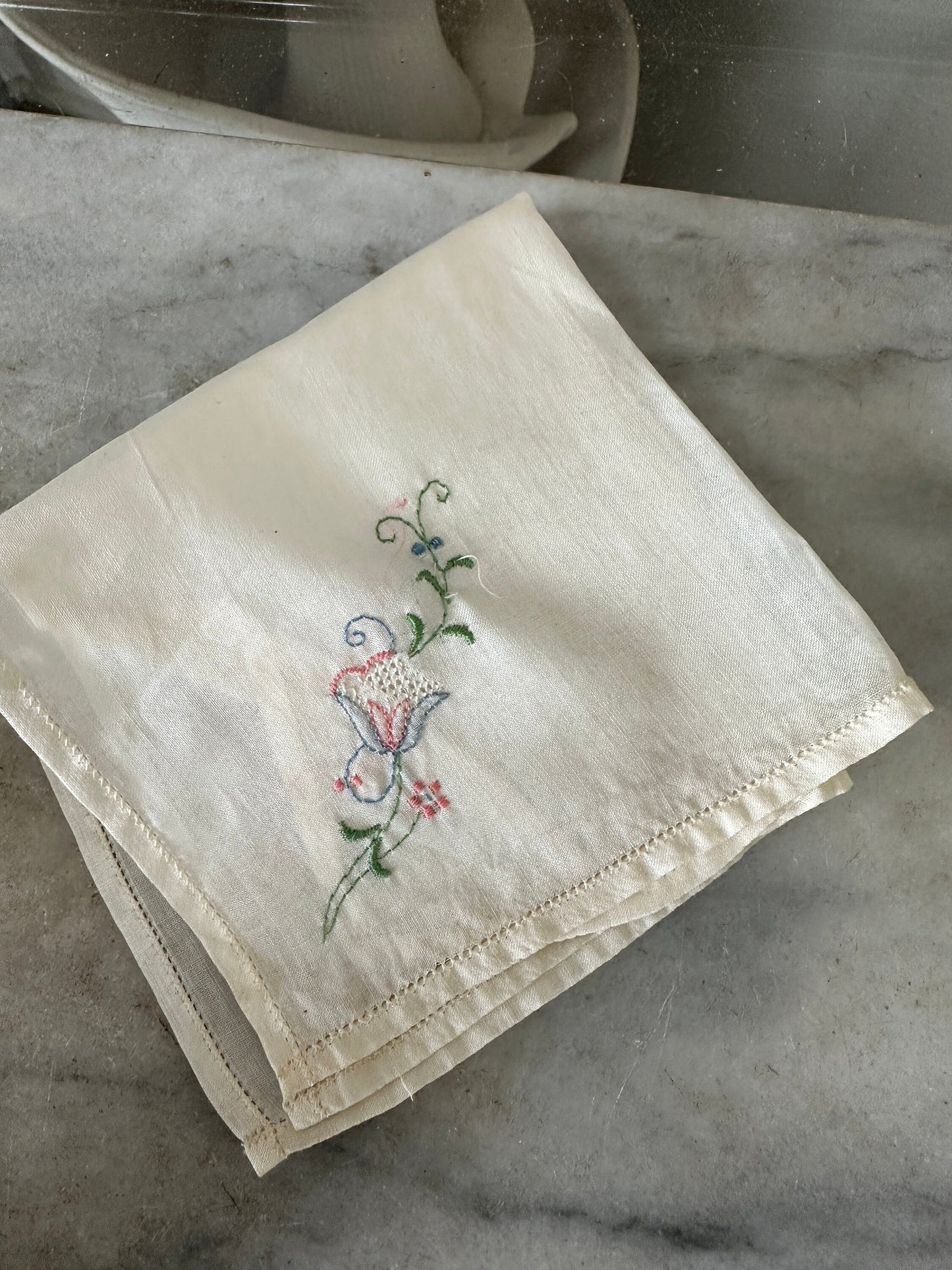 5 Vintage Shabby Chic Floral Embroidered and Crocheted Hankies - Greens, White, Ivory, Flower Hankies | Granny Chic Hankies Lot
