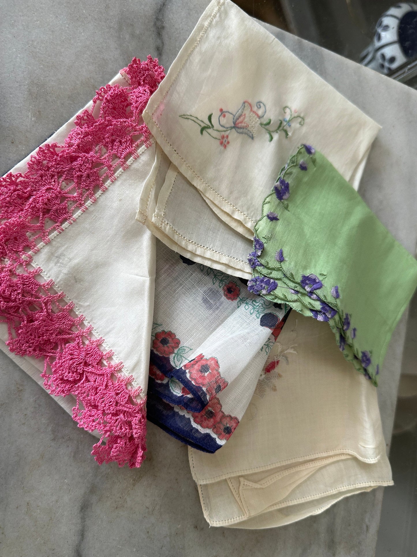 5 Vintage Shabby Chic Floral Embroidered and Crocheted Hankies - Greens, White, Ivory, Flower Hankies | Granny Chic Hankies Lot