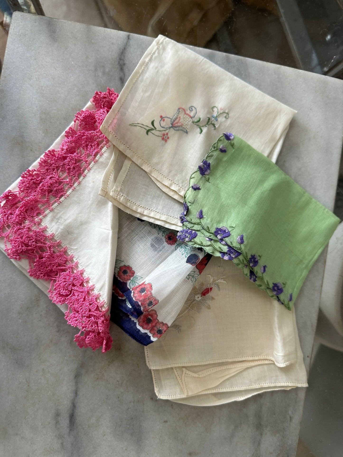 5 Vintage Shabby Chic Floral Embroidered and Crocheted Hankies - Greens, White, Ivory, Flower Hankies | Granny Chic Hankies Lot