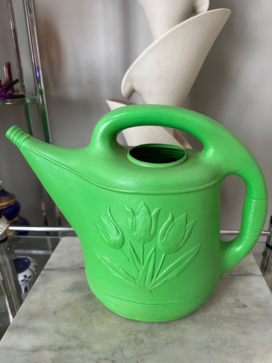 Vintage Union Products Green Blow Mold Plastic Watering Can w/ Tulips