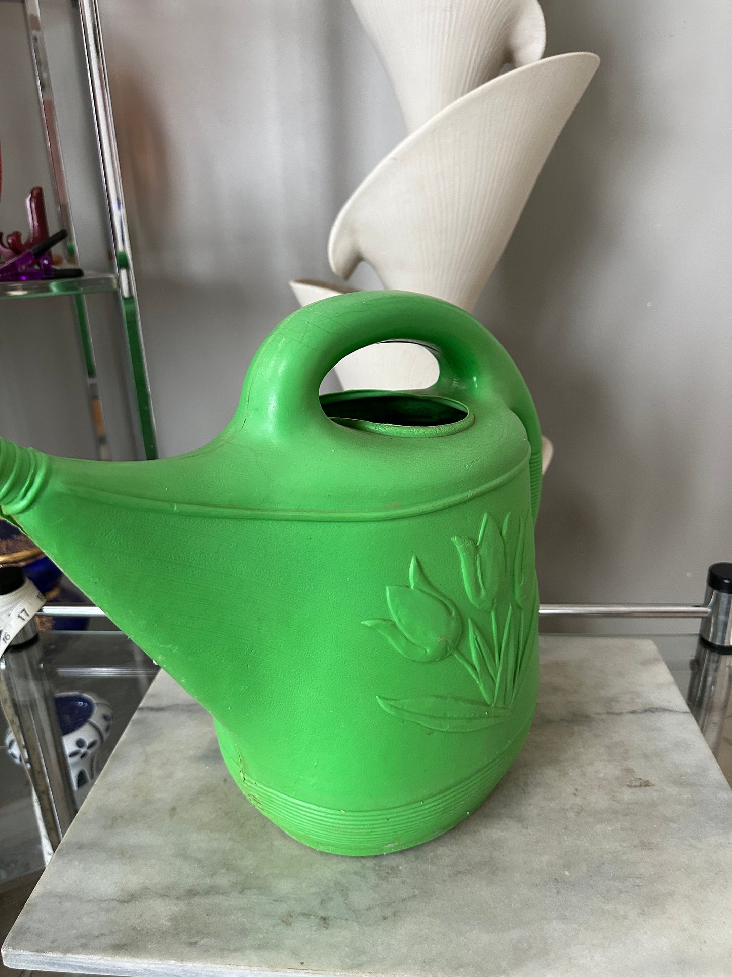Vintage Union Products Green Blow Mold Plastic Watering Can w/ Tulips