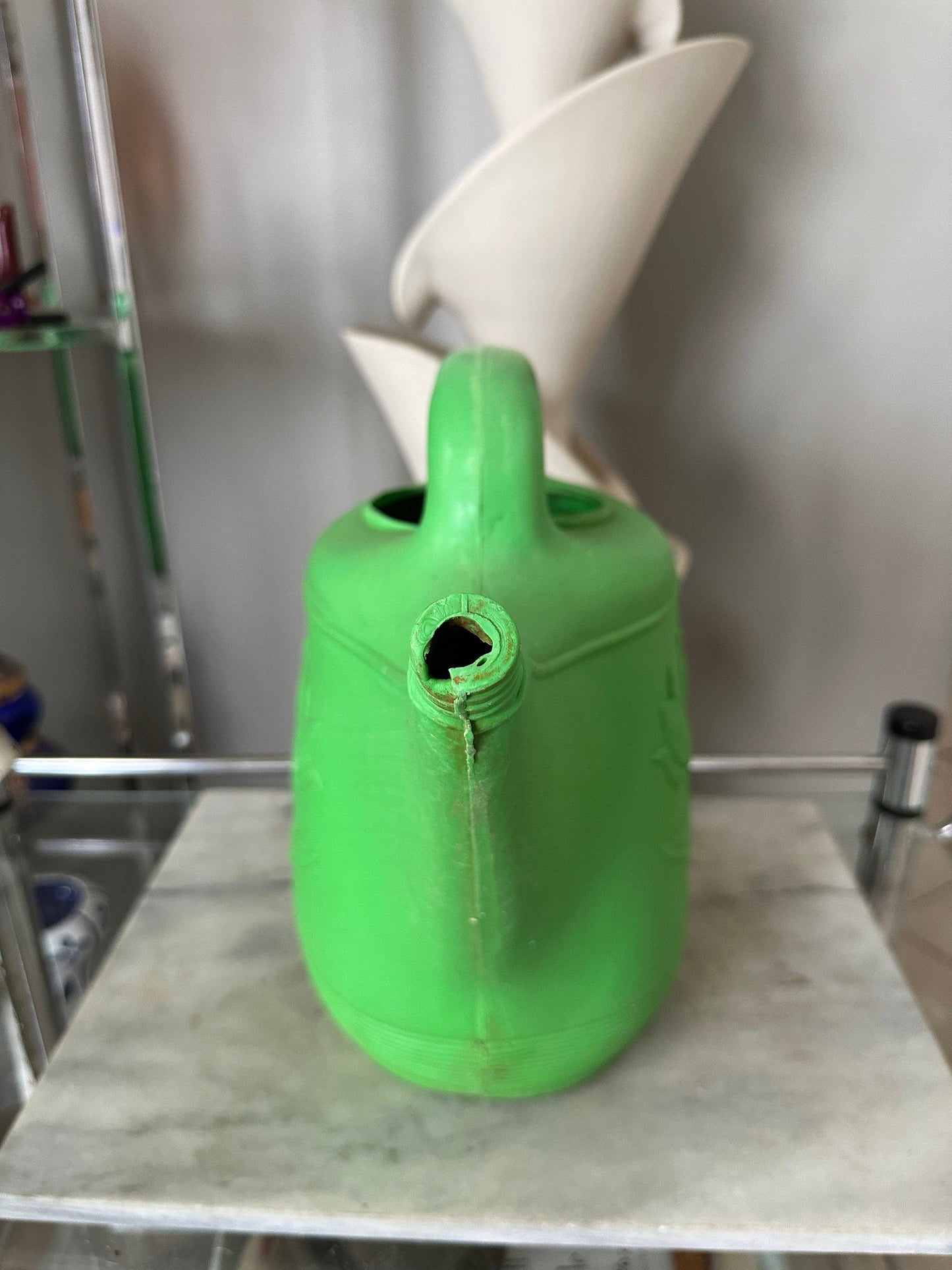 Vintage Union Products Green Blow Mold Plastic Watering Can w/ Tulips