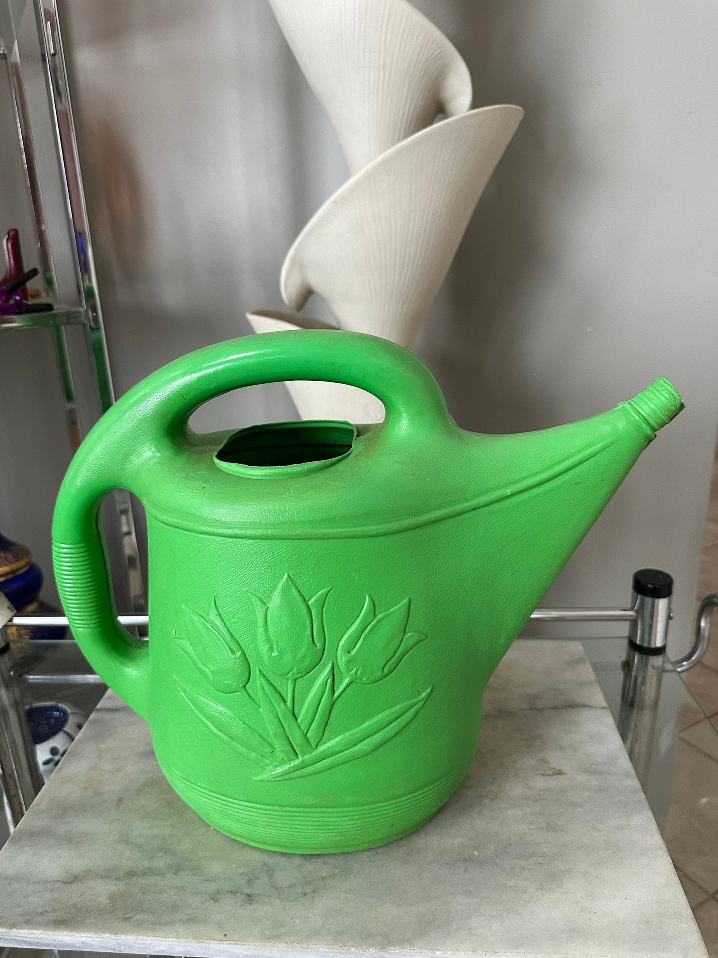 Vintage Union Products Green Blow Mold Plastic Watering Can w/ Tulips