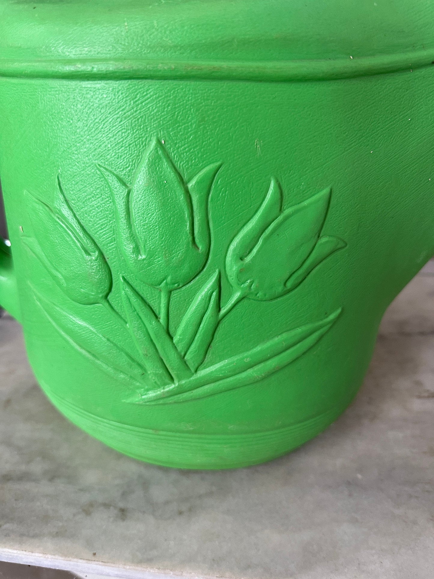 Vintage Union Products Green Blow Mold Plastic Watering Can w/ Tulips