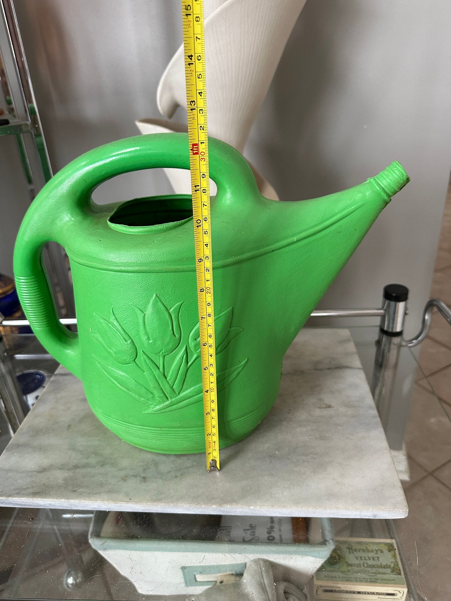 Vintage Union Products Green Blow Mold Plastic Watering Can w/ Tulips