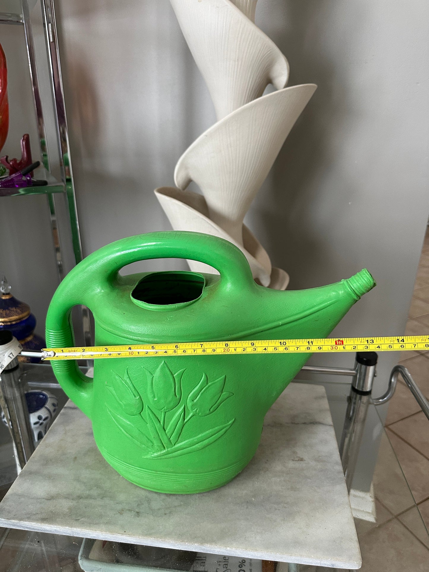 Vintage Union Products Green Blow Mold Plastic Watering Can w/ Tulips
