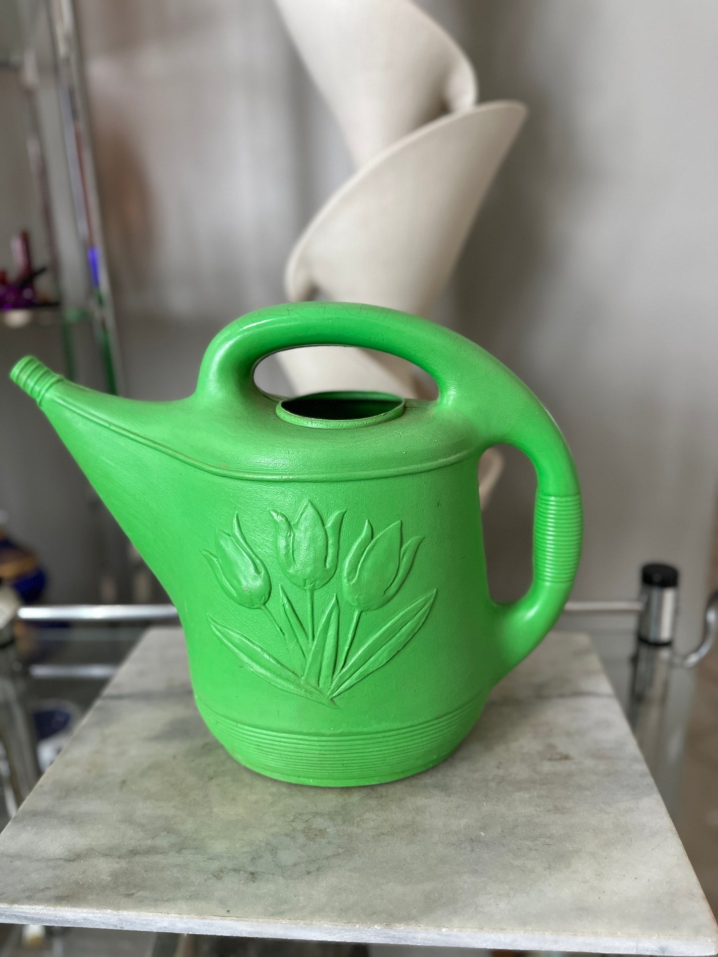 Vintage Union Products Green Blow Mold Plastic Watering Can w/ Tulips