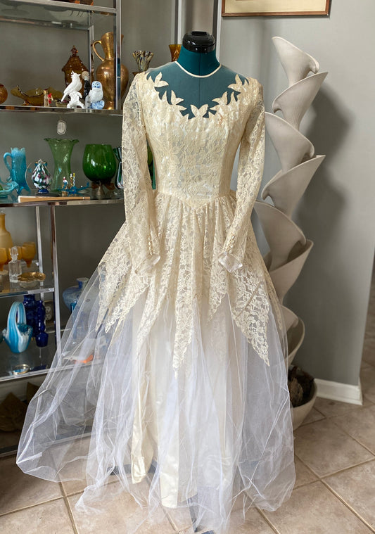 Vintage 1950s Ivory/Light Gold Satin and Lace Long Sleeved Wedding Gown | Scalloped Neckline | Unique Design