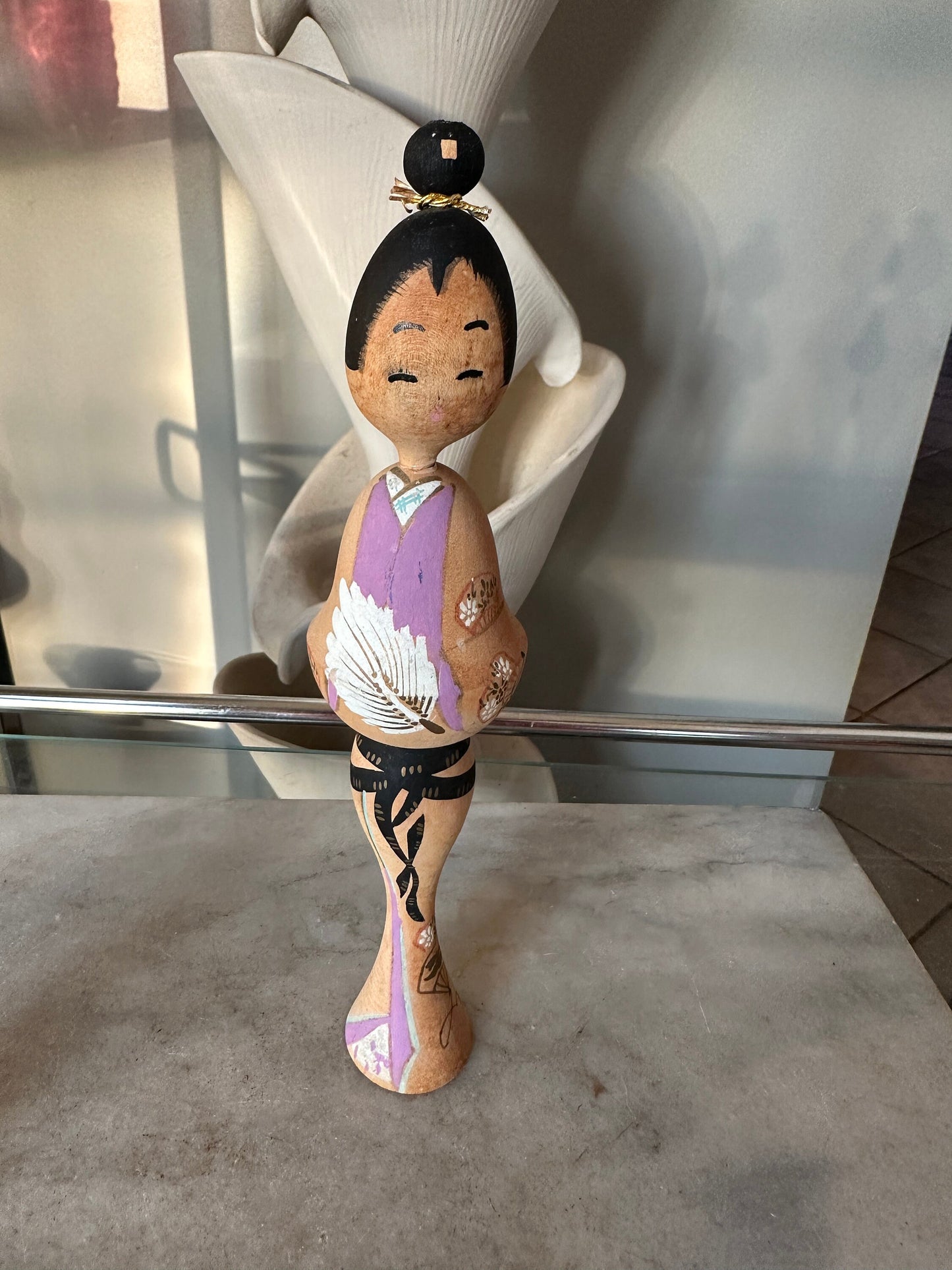 Vintage Kokeshi Figurine Wood Doll Japan Hand Painted With Bun Signed 9.75”