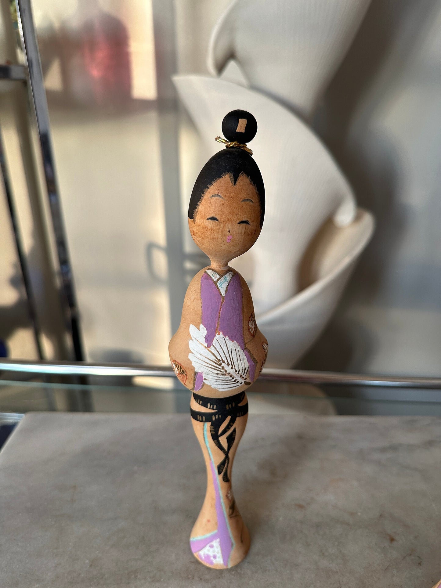 Vintage Kokeshi Figurine Wood Doll Japan Hand Painted With Bun Signed 9.75”