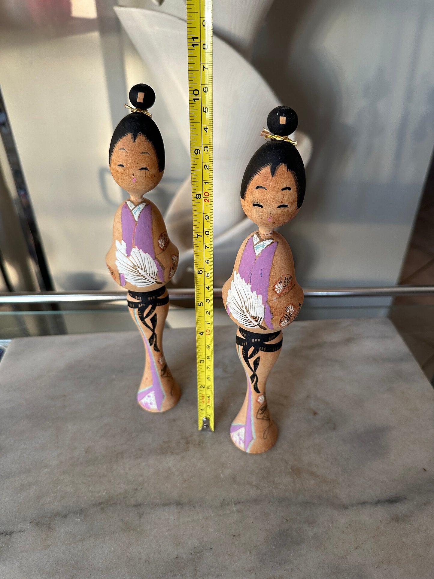 Vintage Kokeshi Figurine Wood Doll Japan Hand Painted With Bun Signed 9.75”