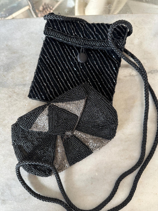 Set of Two Vintage Black Beaded Small Purses | Made In Belgium | Art Deco Style | Hand Beaded | PLEASE READ DESCRIPTION