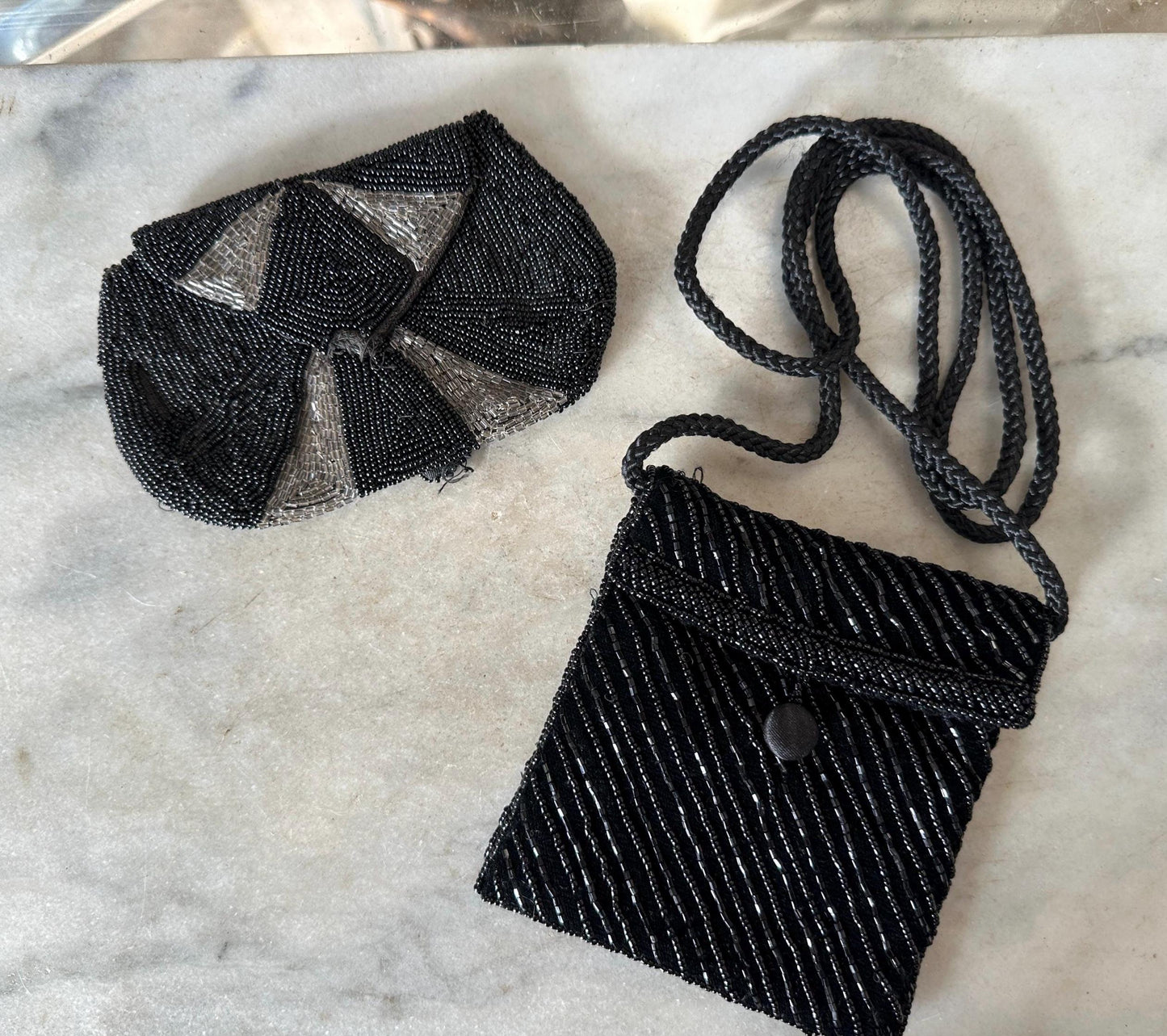 Set of Two Vintage Black Beaded Small Purses | Made In Belgium | Art Deco Style | Hand Beaded | PLEASE READ DESCRIPTION