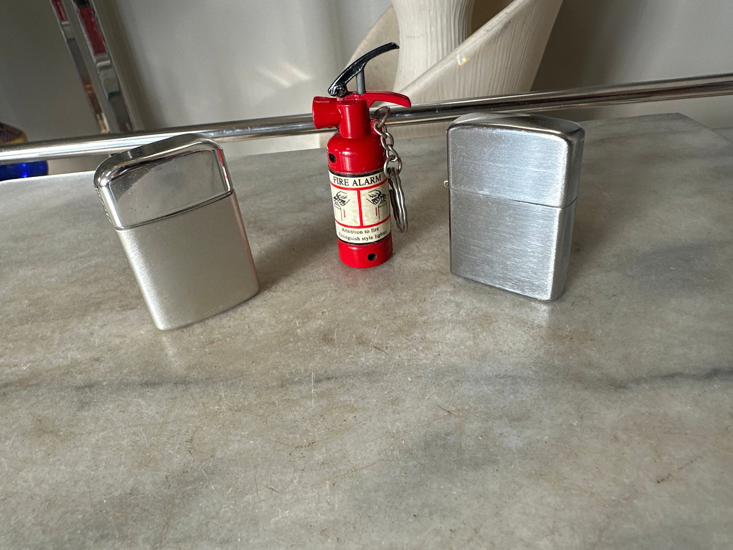 Set of 3 VTG Lighters | 1960s | Ronson Vintage Chrkme and Brushed Aluminum Lighter | Mustang  Lighter (Japan) Fire Extinguisher Lighter