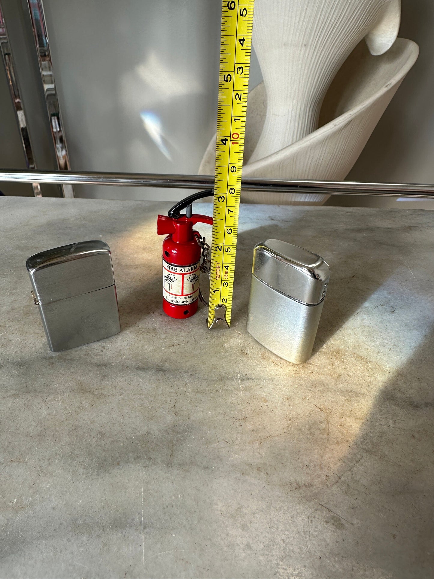 Set of 3 VTG Lighters | 1960s | Ronson Vintage Chrkme and Brushed Aluminum Lighter | Mustang  Lighter (Japan) Fire Extinguisher Lighter