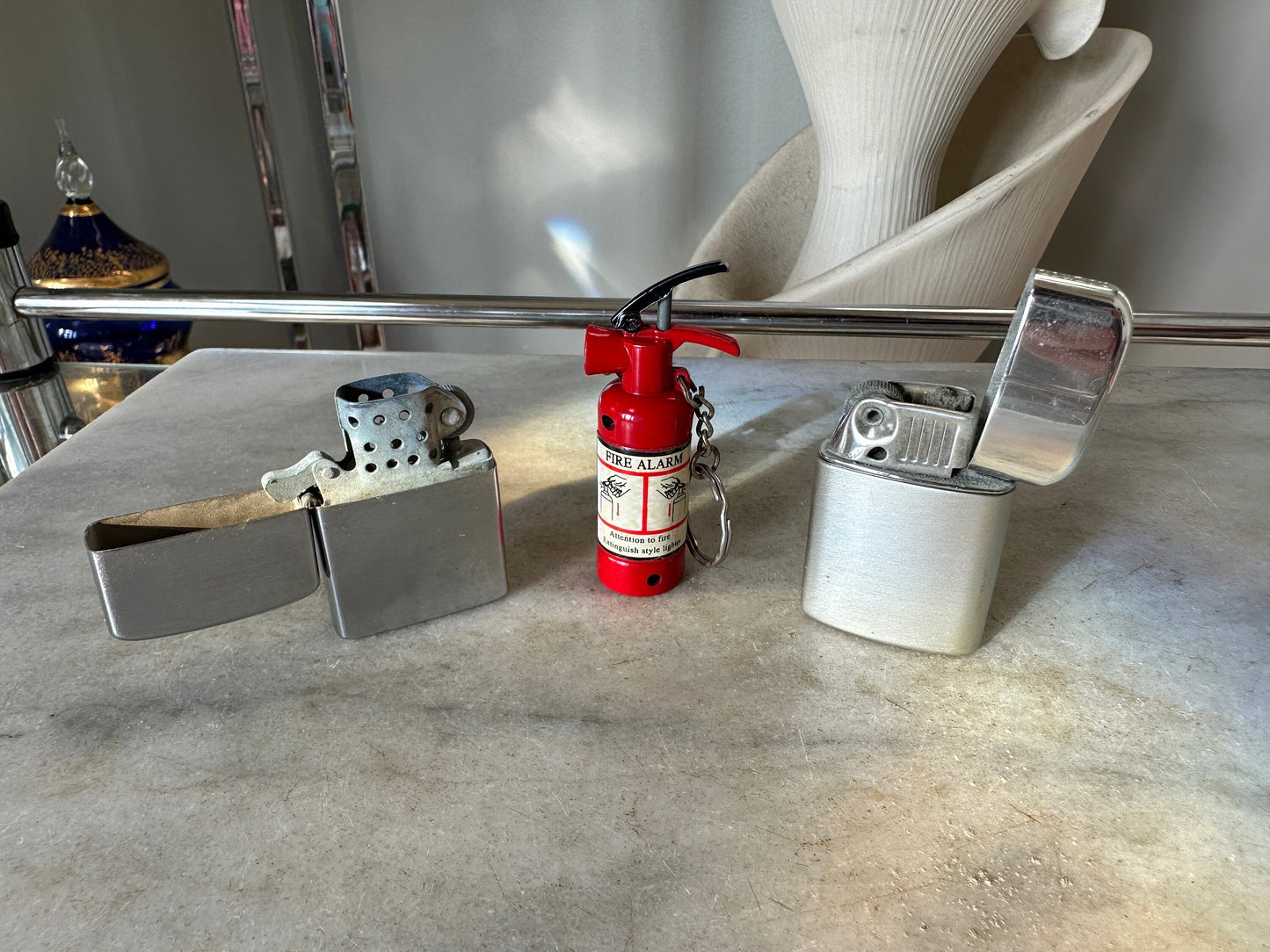 Set of 3 VTG Lighters | 1960s | Ronson Vintage Chrkme and Brushed Aluminum Lighter | Mustang  Lighter (Japan) Fire Extinguisher Lighter