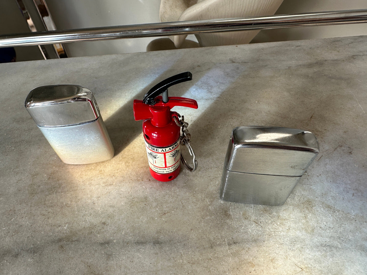 Set of 3 VTG Lighters | 1960s | Ronson Vintage Chrkme and Brushed Aluminum Lighter | Mustang  Lighter (Japan) Fire Extinguisher Lighter