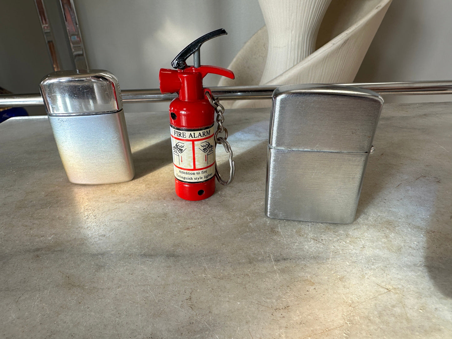 Set of 3 VTG Lighters | 1960s | Ronson Vintage Chrkme and Brushed Aluminum Lighter | Mustang  Lighter (Japan) Fire Extinguisher Lighter