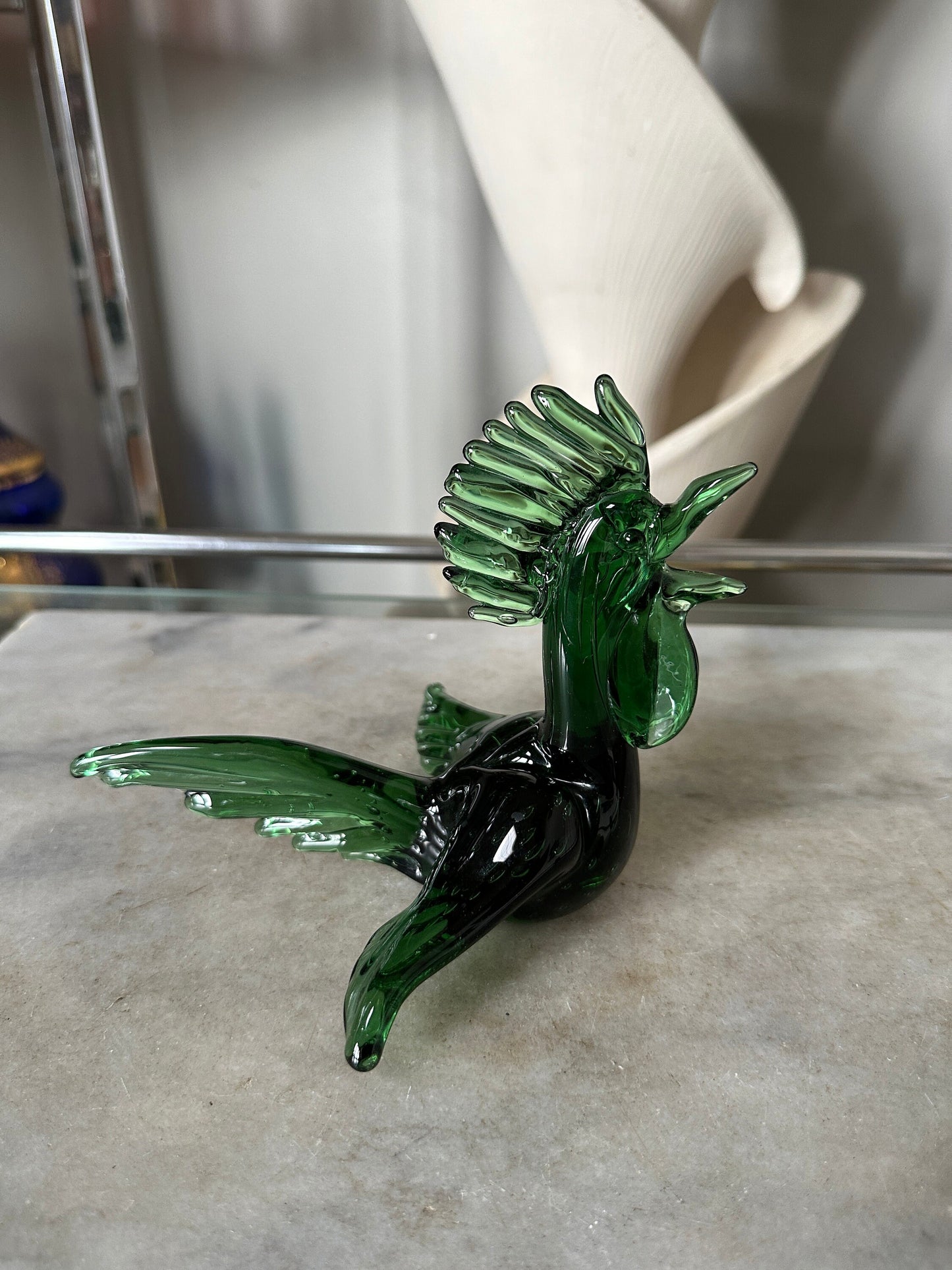 Mid Century Modern Art Glass Roadrunner Figurjne | 1960s Glass Pheasant Bird Roadrunner Green