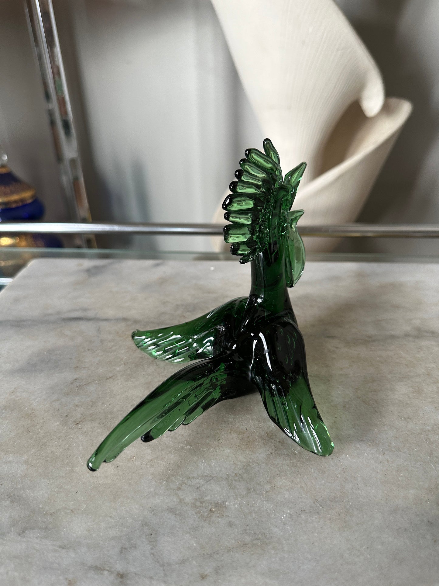 Mid Century Modern Art Glass Roadrunner Figurjne | 1960s Glass Pheasant Bird Roadrunner Green