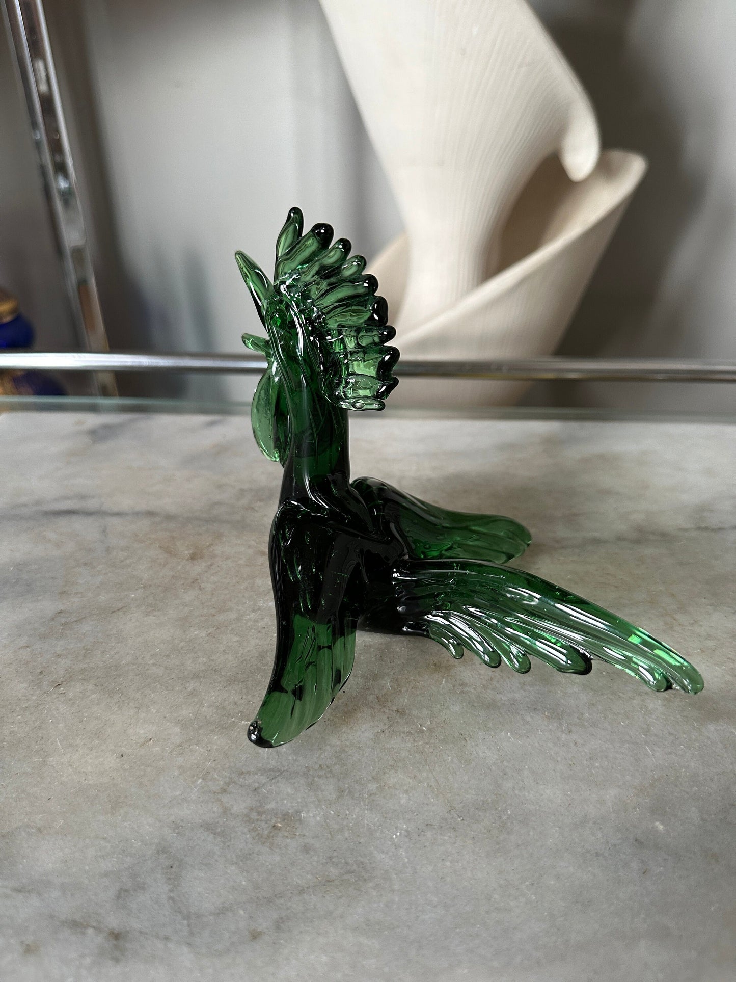 Mid Century Modern Art Glass Roadrunner Figurjne | 1960s Glass Pheasant Bird Roadrunner Green